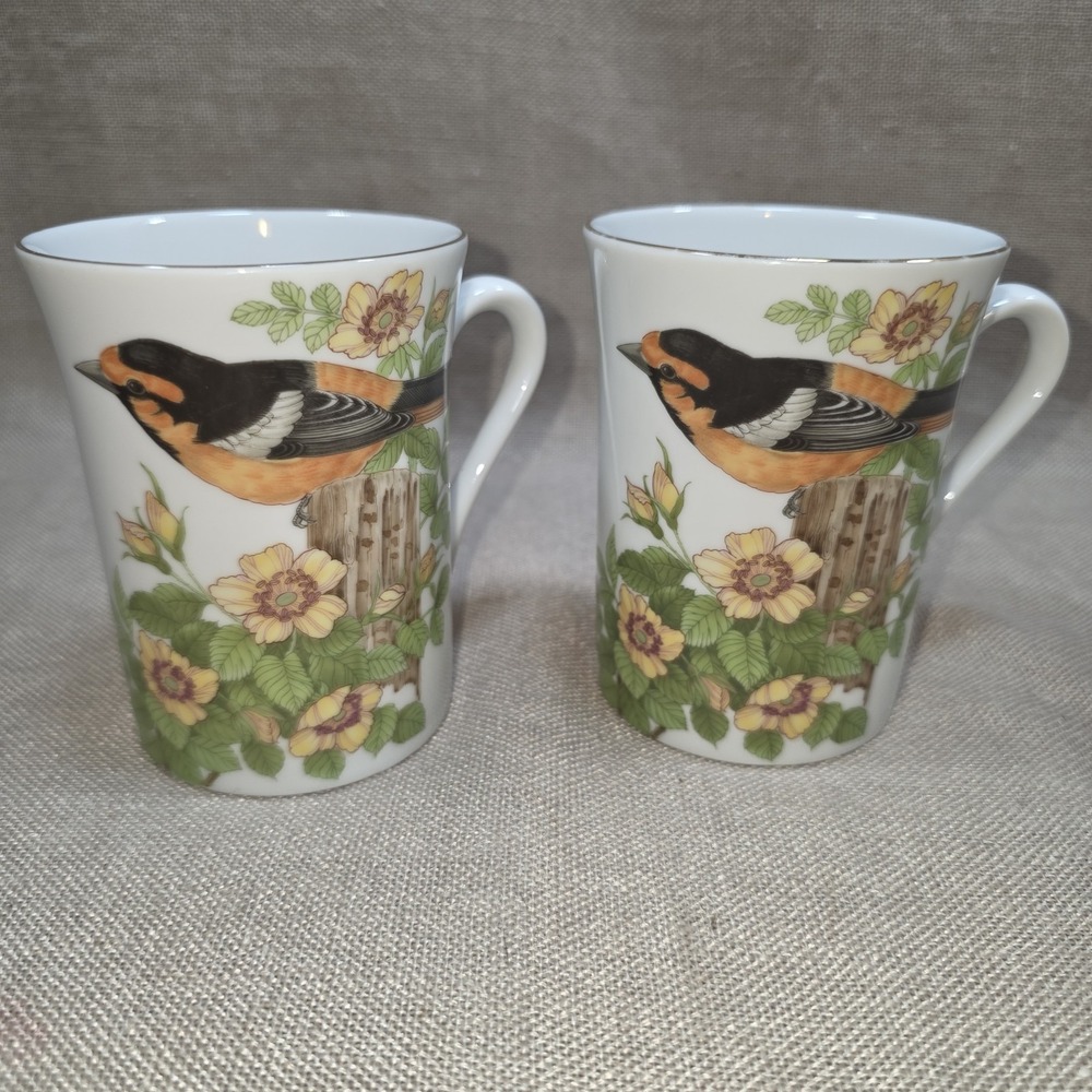 Otagiri Porcelain Two Bird Mugs VTG Japan Orange Baltimore Oriole Yellow Flowers